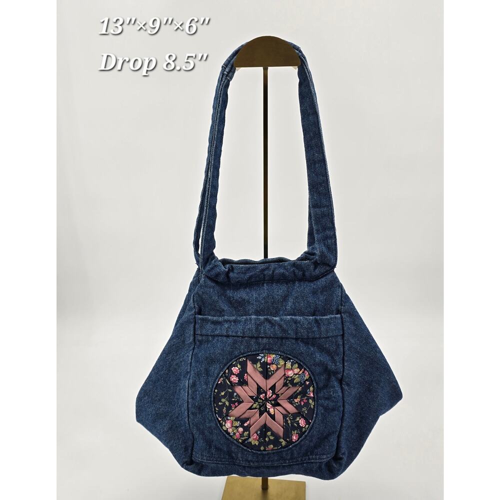 Handmade Cottagecore Denim Patchwork Shoulder Bag – Quilted Star‎ Appliqué